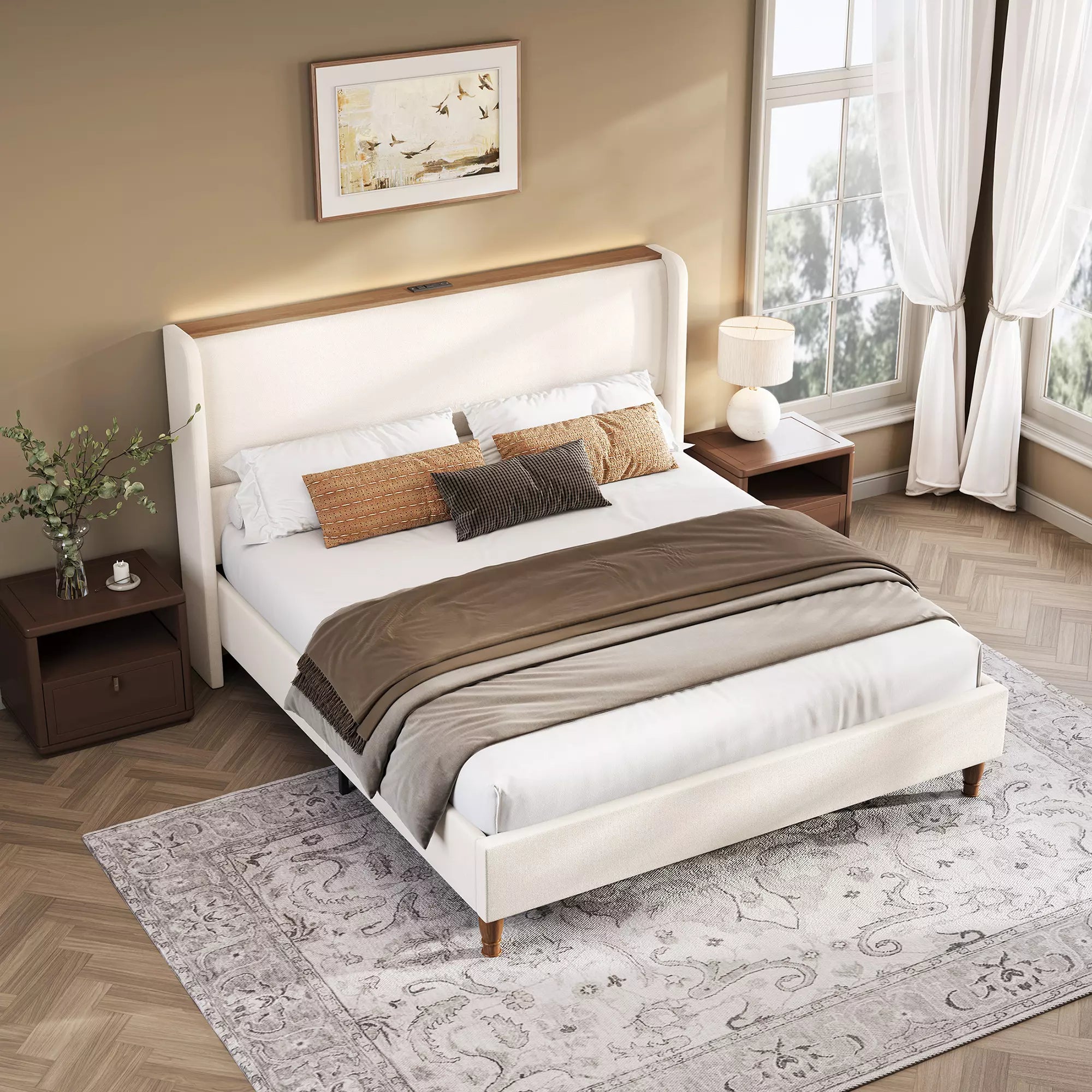 Upholstered Wingback Bed Frame with LED Headboard Shelf