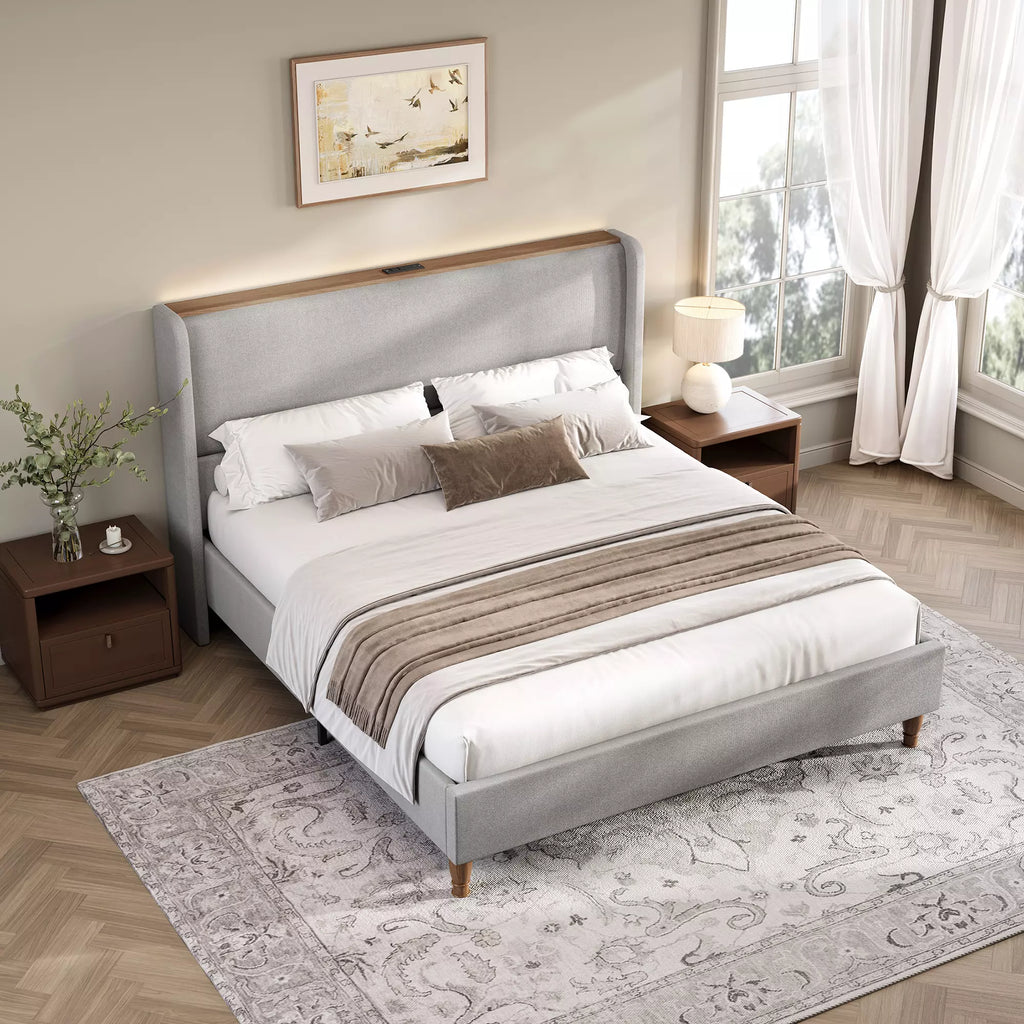 Upholstered Wingback Bed Frame with LED Headboard Shelf