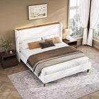 Upholstered Wingback Bed Frame with LED Headboard Shelf