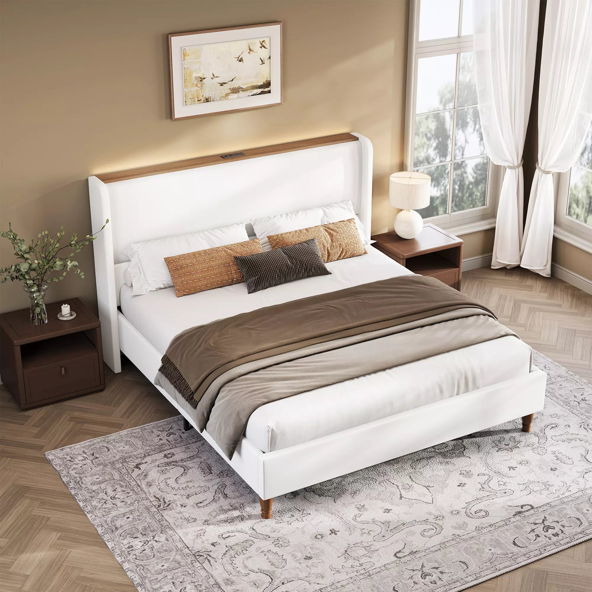 Upholstered Wingback Bed Frame with LED Headboard Shelf