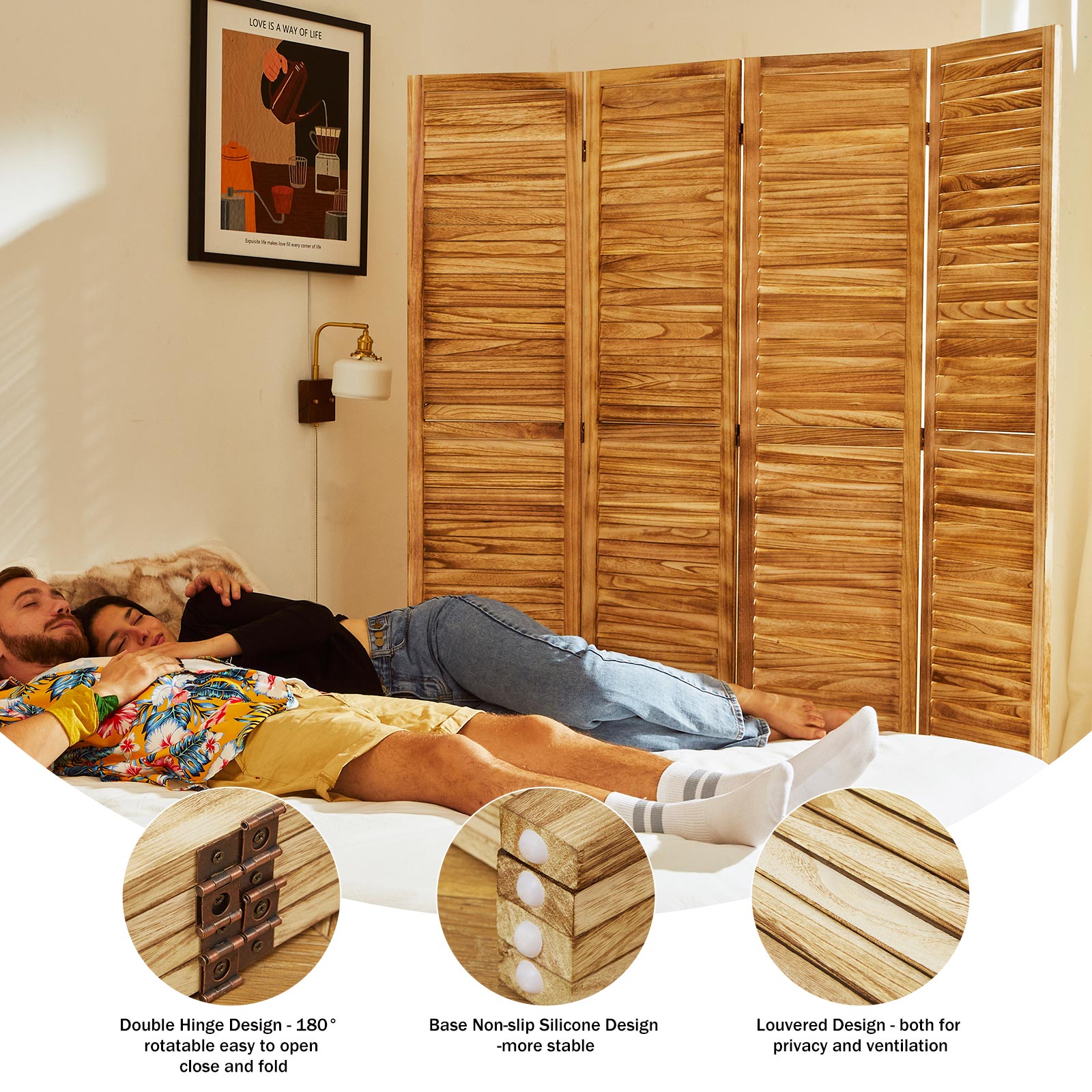 Louvered Wooden Room Divider with Folding Panels