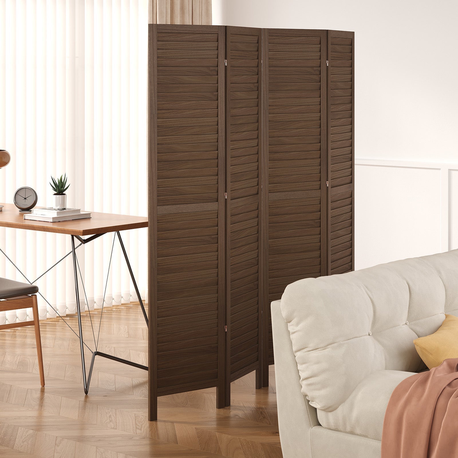 Louvered Wooden Room Divider with Folding Panels