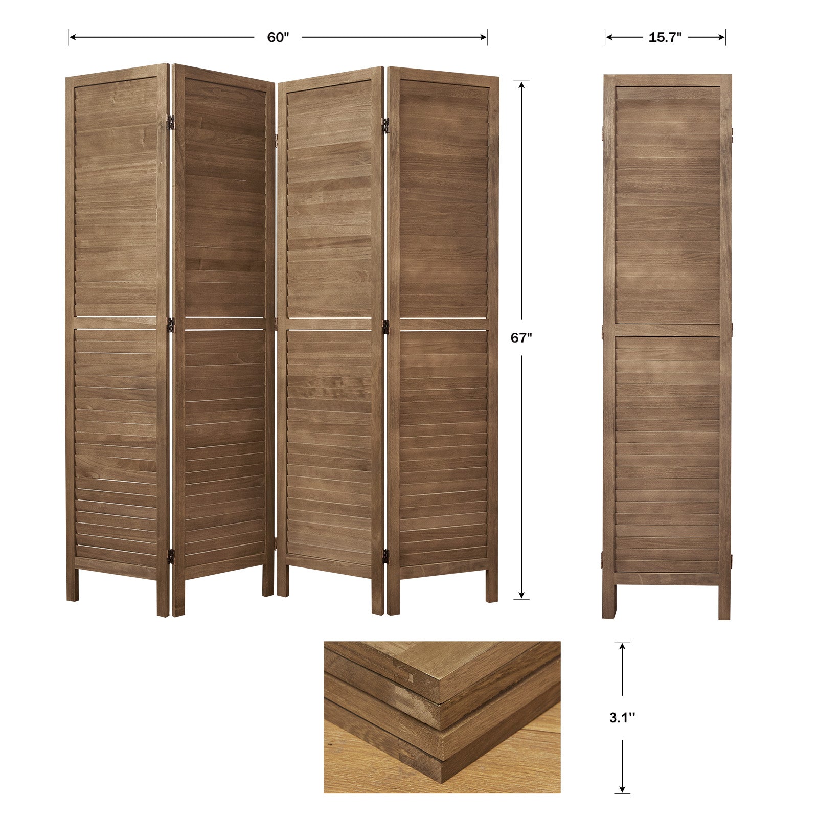 Louvered Wooden Room Divider with Folding Panels