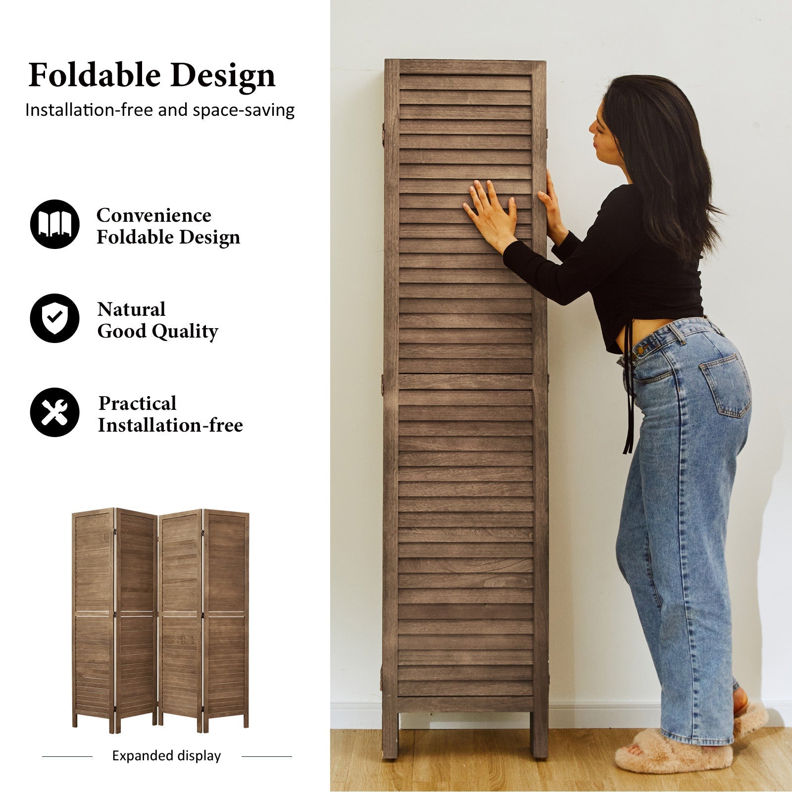 Louvered Wooden Room Divider with Folding Panels