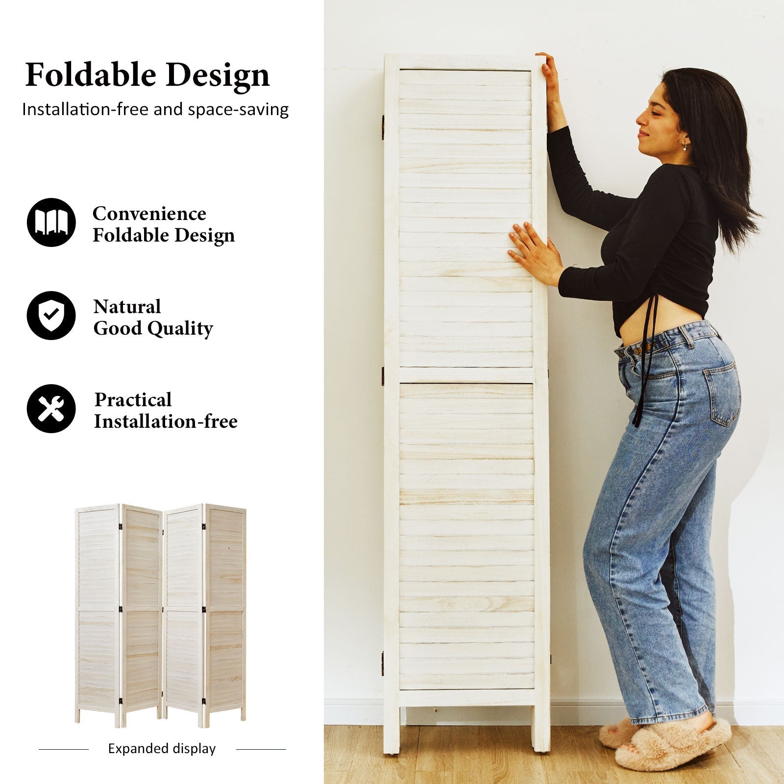 Louvered Wooden Room Divider with Folding Panels