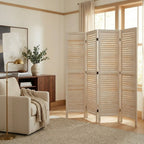 White 4-panel louvered room divider freestanding privacy screen in a modern bright bedroom.