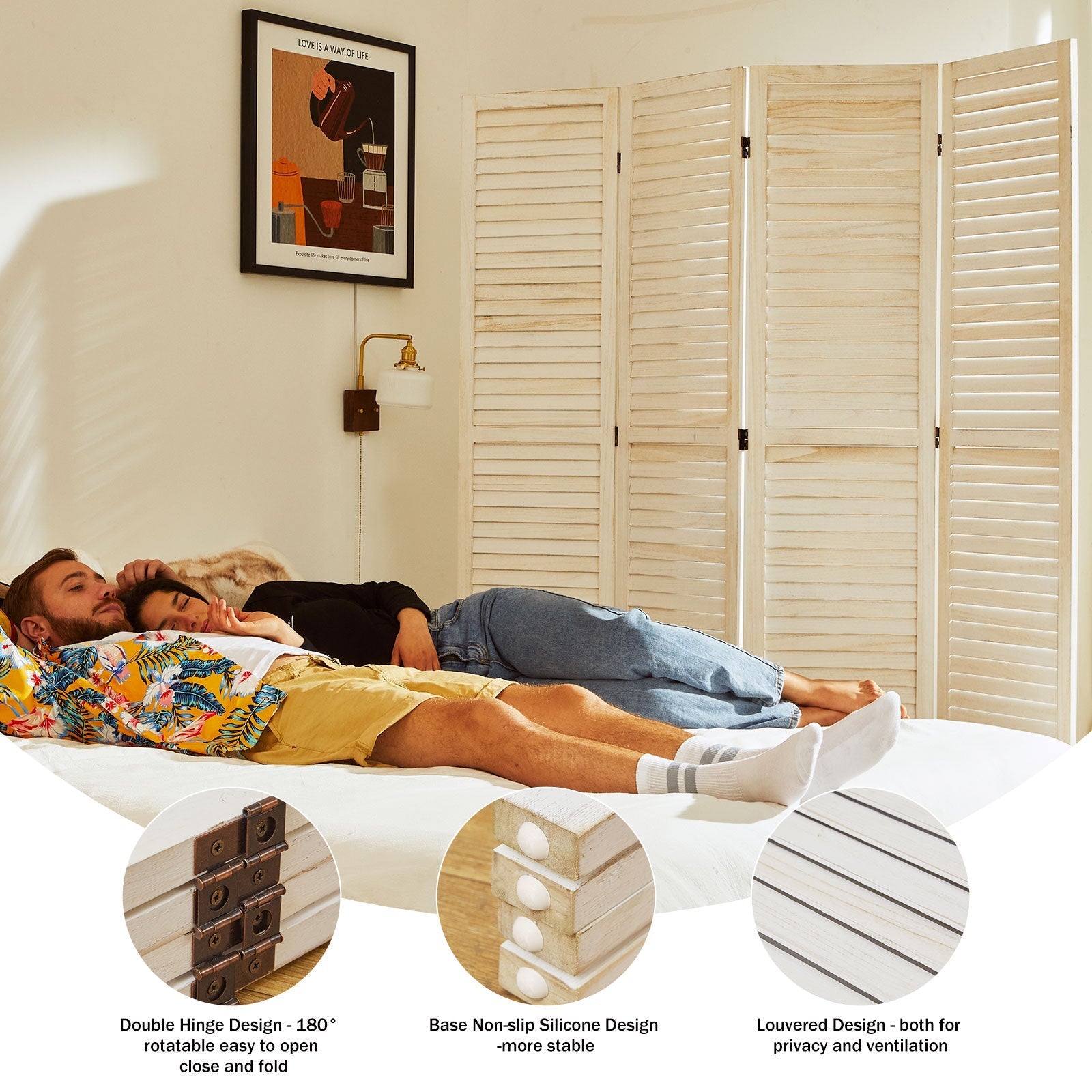 Louvered Wooden Room Divider with Folding Panels